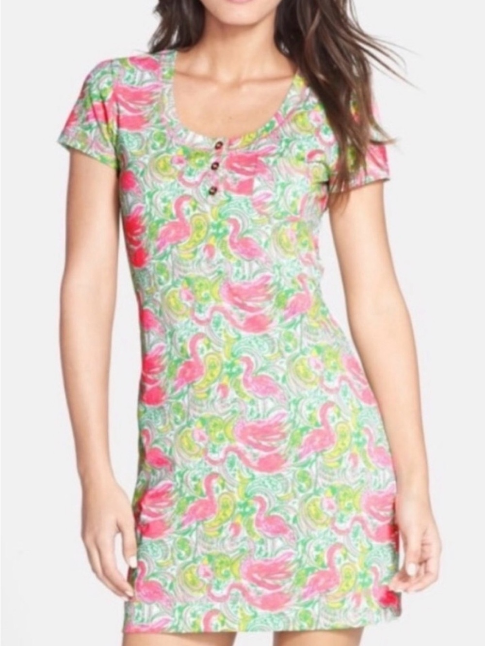 Lilly Pulitzer Women's XS Britton Henley Dress Hot WIngs Flamingo Vibrant